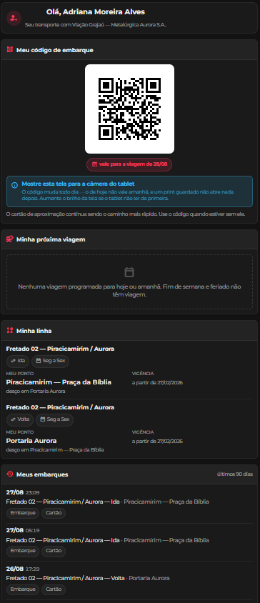 Portal do passageiro do NIMER no celular: código de embarque do dia em QR code, a linha e o ponto do passageiro em cada sentido, e o histórico dos últimos embarques